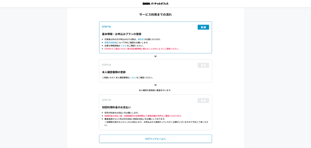DMMバーチャルオフィスの利用までの流れページ